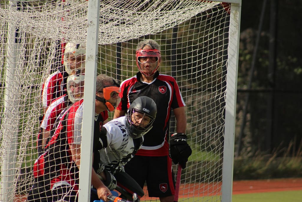 K sports hockey club defending penalty corner in Rochester, Kent